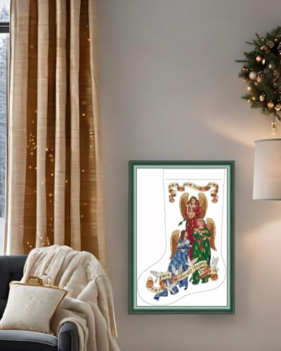 Image of CaptainCrafts Cross Stitch Kits, Stamped Cross Stitch Christmas Stockings Printed Fabrics Embroidery Kit for Adults Beginners (Stamped 14CT, Herald Angels Stocking)