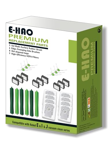 E-HAO Replacement Accessories Part for iRobot Roomba i1+, i2+, i3+, i4+, i5+, i6+, i7+, i8+, j5+, j6+, j7+, j8+, j9+, E5, E6, E7. Kit with 8 Dust Bags, 6 Rubber Rollers, 9 HEPA Filters, 6 Side Brushes