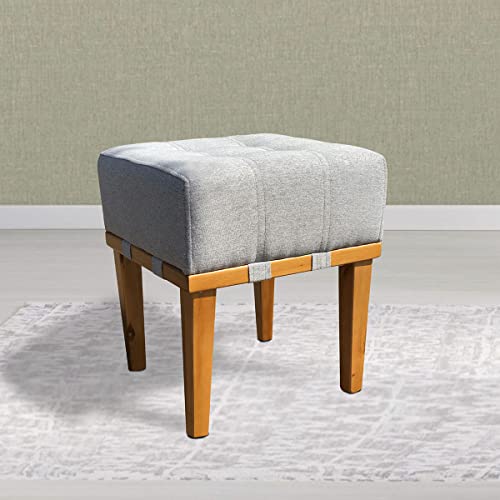 Puff Banqueta Banco Baixo Quadrado Madeira Maciça Para Sala 45 Cm Em (Linho Cinza Claro)