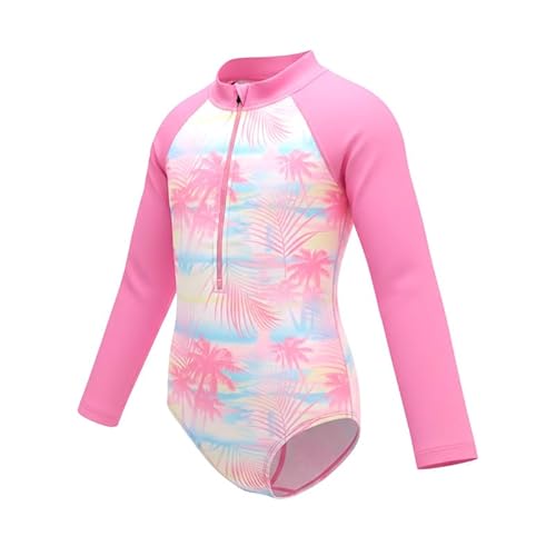 Angel season Girls Long Sleeve Bathing Suit Rash Guard One Piece Swimsuits Toddler Kids Swimwear with UPF 50+ Zipper Size Coconut Palm Pink Hawaiian 6 Years