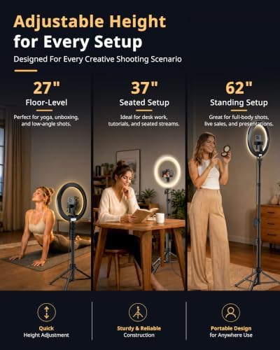 UBeesize 12" Ring Light with 62" Tripod Stand & Phone Holder – Dimmable Selfie Light for Makeup, Video Recording, Photography. Compatible with All Cell Phones & Lightweight Cameras — view 2
