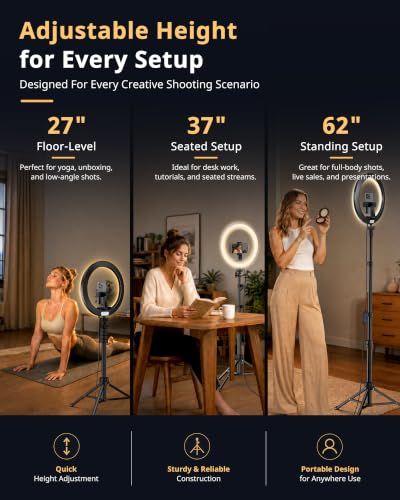 Image of 12 inch Ring Light with 62 inch Tripod Stand, Ring Light for Phone with Remote | 3 color lighting, 10 brightness levels, 180 Tilt, 360 Rotation, Cold Shoe, 1 /4 inch Mount, Fits 2.2-3.5 in phones