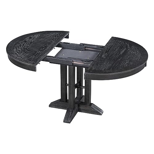 Image of 5-Piece Extendable Dining Table Set, Farmhouse Kitchen Table for 4 6 People with Removable Middle Leaf and 4 Cross Back Chairs, Round Dining Table for Kitchen, Dining Room, Black