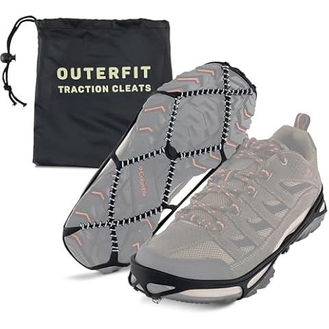 Outerfit Ice Cleats for Shoes and Boots Men and Women, Overshoe Non-Slip Crampons with Zinc Coated Steel Coils, Shoe Spikes for Snow and Ice, Snow Cleats, Ice Grips for Hiking, Fishing, Walking Cover
