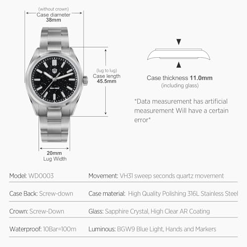 Image of watchdives WD0003 Original Design Aventurine Men Watch VH31 Sweep Second Quartz Watch 36mm Sapphire Crystal Luxury Wristwatch 100m Waterproof Stainless Steel
