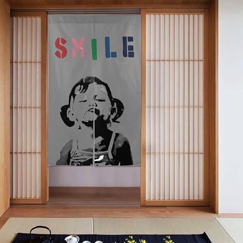のれん 暖簾 ドアカーテン 目隠し 間仕切りBanksy バンクシー かわいい 女の子 北欧 遮光 冷気遮断 断熱 階段 部屋 キッチン 温泉 飲食店 タペストリー 86cmx143cm