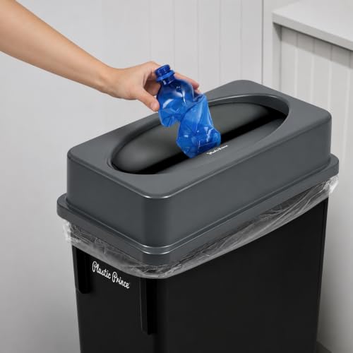 Image of PLASTIC PRINCE 23 Gallon Slim Trash Can with Swing Lid Commercial Rectangular Garbage Can with Drop Shot Lid Waste Bin with Double Flip Top for Restaurant Home Kitchen Office, Black /Gray 2 Pack