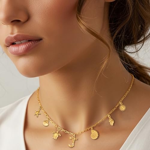 Waterproof Charm Necklace for Women 18K Gold Stainless Steel Beach Seashell Initial Pendant Cute Dainty Trendy Jewelry Gift Paperclip Chain 16+3 Inch3