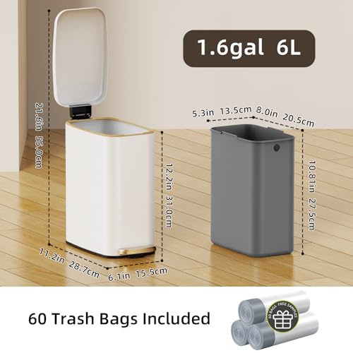 Image of KSSKSS Small Bathroom Trash Can with Lid Soft Close, Step Pedal, 6L / 1.6 Gal Stainless Steel Garbage Bin with Removable Inner Bucket, Slim Wastebasket for Narrow Spaces (Black) (White-P)