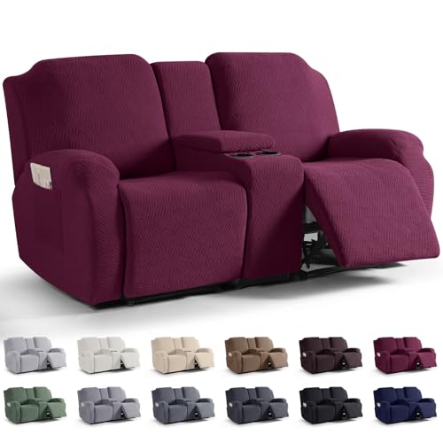Image of KinCam Loveseat Recliner Covers with Middle Console Slipcover, Recliner Sofa Covers 2 Seat Couch Cover Stripe Jacquard Furniture Protector Covers with Elastic Bottom for Kids, Pets (Burgundy)