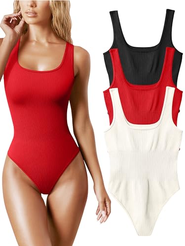 OQQ Womens 3 Piece Bodysuits Sexy Ribbed Sleeveless Square Neck Tank Tops Leotard 2025 Trendy Outfits Black Red Beige