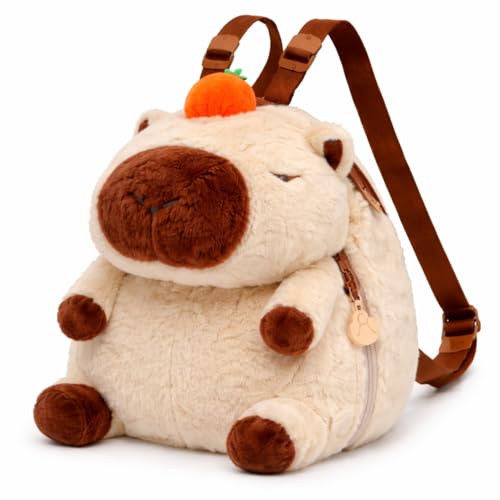 Mochila Infantil de Pelúcia Escolar com Alças Ajustáveis Compartimento com Zíper Design Capivara Fofa para Passeios Castanho/Beje