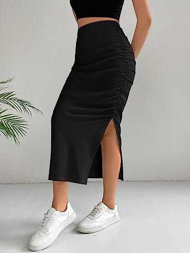 Verdusa Women's Split Thigh Ruched Pencil Skirt Asymmetrical Bodycon Midi Skirts4