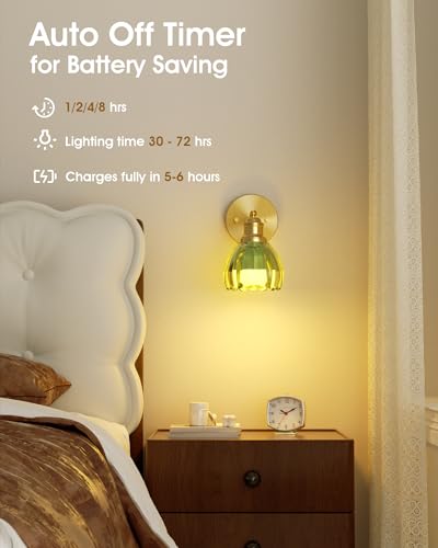 Image of VOLISUN Vintage Battery Operated Wall Sconce,with Green Tulip Glass Lampshade, Wireless Wall Sconce, Rechargeable Battery Powered Wall Light, Sconce Wall Decor for Bedroom Living Room