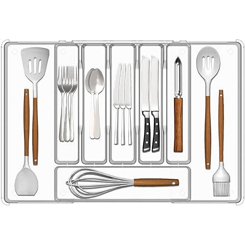 Baosia Organizador de cajones de cubiertos, bandeja de utensilios expandible para cajones de cocina, cubiertos y soporte para cubiertos sin BPA, almacenamiento de plástico ajustable para utensilios