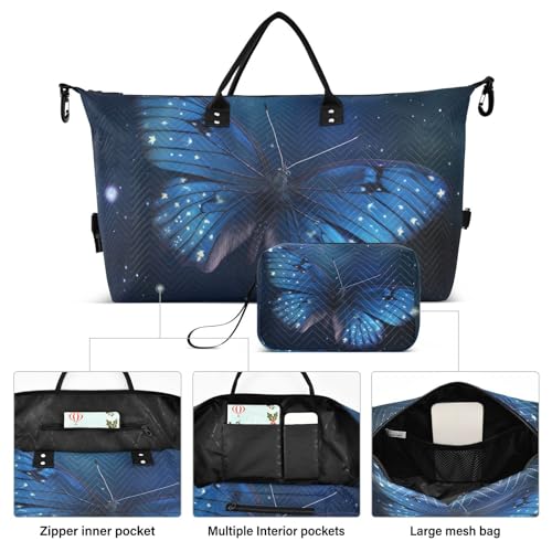 Large Travel Duffel Bag, Blue Butterfly Night Sports Tote Gym Bag, Shoulder Weekender Overnight Bag for Women Men, Carry On Luggage with Toiletry Bags2