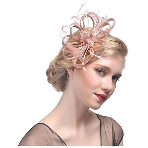 Lazder Wedding Bridal Fascinator Hat Ruffles Flower Feather Tea Party Women Girls Hair Clip Glitter Rhinestone Vintage Banquet Headwear (pink) Cover