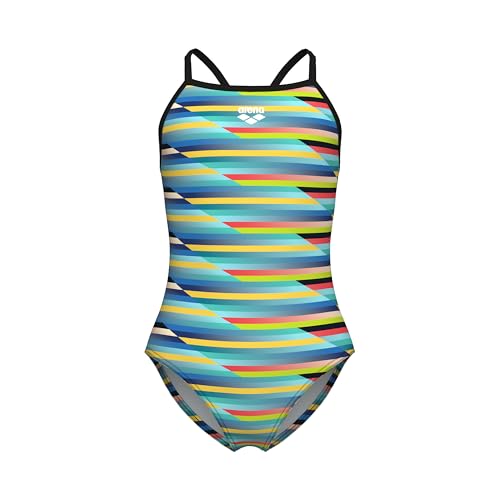 ARENA Girl's Performance Racing Stripe Light Drop Back Athletic One Piece Swimsuit Workout and Training UV Protection Chlorine Resistant Swimwear, Multi/Black, Size 10-12(28)
