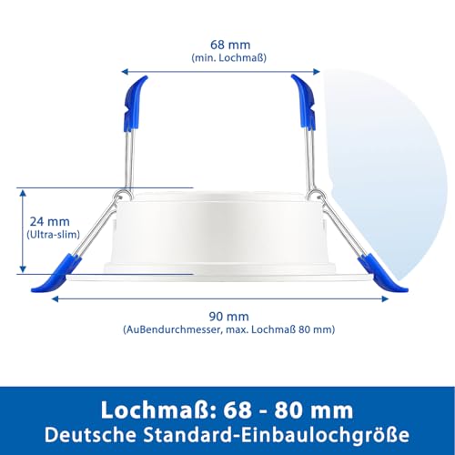 ZIZZLER 40er Set LED Einbaustrahler Spots 230V Flach 68-80mm Lochmaß, Warmweiß Deckenspots, IP44 Einbauleuchten für Badezimmer Feuchtraum, 5W 3000K Einbauspots für Küche Schlafzimmer Wohnzimmer