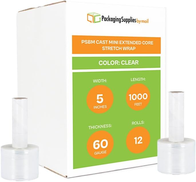 Stretch Wrap Film, Extended Core Handle Packing Wrap, Clear, 5 Inch x 1000 Feet, 60 Gauge, 12 Pack