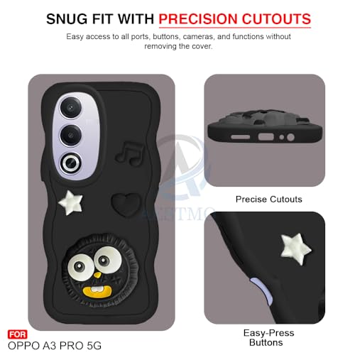 Image of AESTMO Back Case Cover for Oppo A3 Pro 5G | 3D Cute Fun Cartoon Characters | Anti Slip Grip Cute Wave Curly Frame Shape | Full Body Protection Back Cover for Oppo A3 Pro 5G (Black)