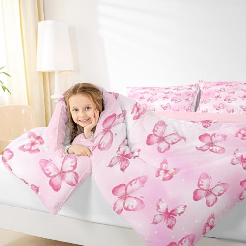 Image of Erosebridal Pink Butterfly Comforter Set for Kids Boys Girls 3D Pink Dreamy Butterfly Bedding Colorful Ink Stick Printing Duvet Set All Season Microfiber Comforter Queen with 2 Pillowcases