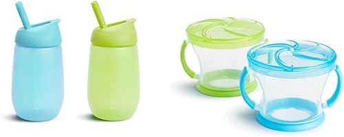 Munchkin Simple Clean - Vaso para beber con popote fácil de limpiar, 10 onzas, paquete de 2, azulverde y Snack Catcher para niños pequeños, paquete