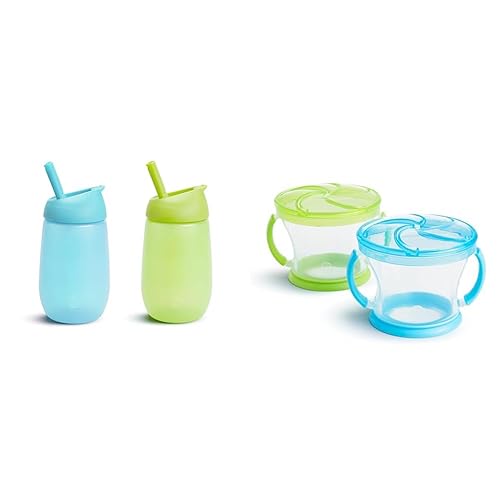Munchkin® Simple Clean™ - Vaso para beber con popote fácil de limpiar, 10 onzas, paquete de 2, azul/verde y Snack Catcher® para niños pequeños,