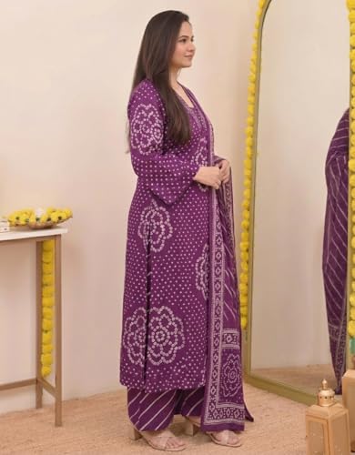 Image of Klosia Women Pure Cotton Kurta Pant Set with Dupatta | Bandhani Print Kurta Sets for Women | Comfortable Suit Sets|Regular Fit