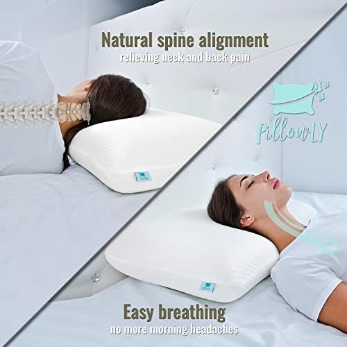 pillowLY Contour Memory Foam Pillow For Neck Support, Cervical Issues & Shoulder Pain Relief - This Hypoallergenic Orthopedic Pillow Is Suitable For Side, Back, & Stomach Sleepers - Washable Cover