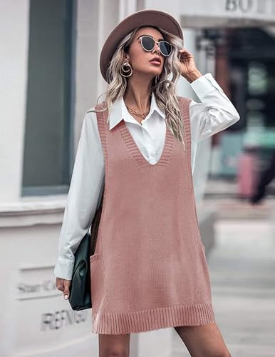 Image of Zeagoo Womens Sweater Vest Dress Pattern Knitted Pullovers Sweaters V Neck Tank Sweater Dress with Pockets