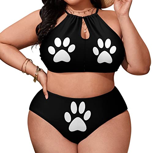 SEPTYK Black Animal Paw Print Women Sexy Bikini 2 PC Plus Size Swimsuits Hollow Out High Neck Bathing Suit 3XL