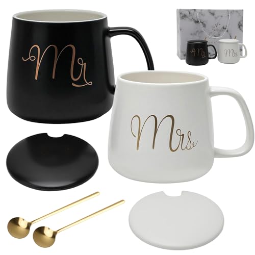 Mr Mrs - Juego de 2 tazas de café de cerámica con cucharas para
