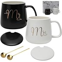 Mr Mrs - Juego de 2 tazas de café de cerámica con cucharas para