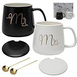Mr Mrs - Juego de 2 tazas de café de cerámica con cucharas para café, té, agua, regalo para San Valentín, aniversario de boda, fiesta de compromiso, Navidad