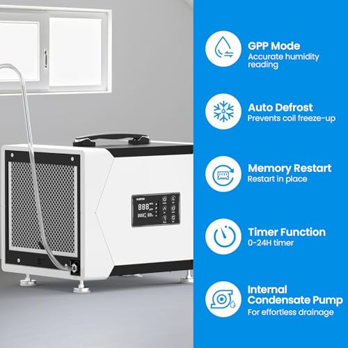 Image of CADPXS 80 Pints Crawl Space /Commercial Dehumidifier with Pump & Drain Hose | Compact, Auto Defrost, Memory Restart, Timer, 5 Years Limited Warranty, for Water Restoration & Basements, Up to 1200 Sq Ft