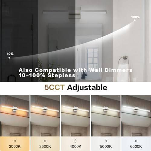 Image of SOLFART Bathroom Lights Over Mirror, 24 Inch Brushed Nickel LED Vanity Light, 5CCT Dimmable, Built-in Dimmer, 4-Way Adjustable, ETL IP44