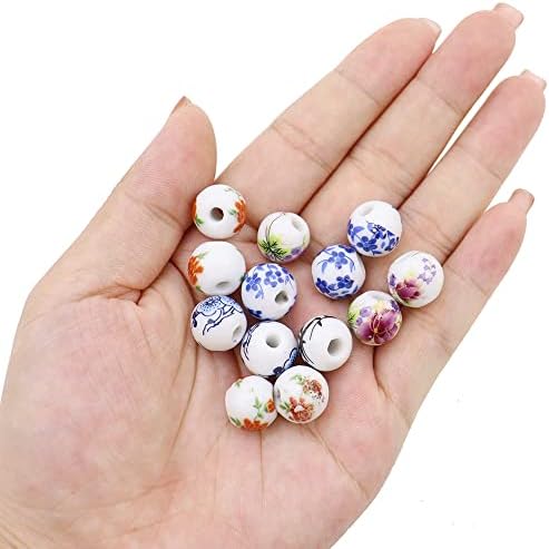 RtottiM 60 Pcs White Blue Porcelain Plain Round Beads Ceramic Beads 10 mm Printed Flower Porcelain Round Beads for Bracelet Jewelry Making DIY Crafts