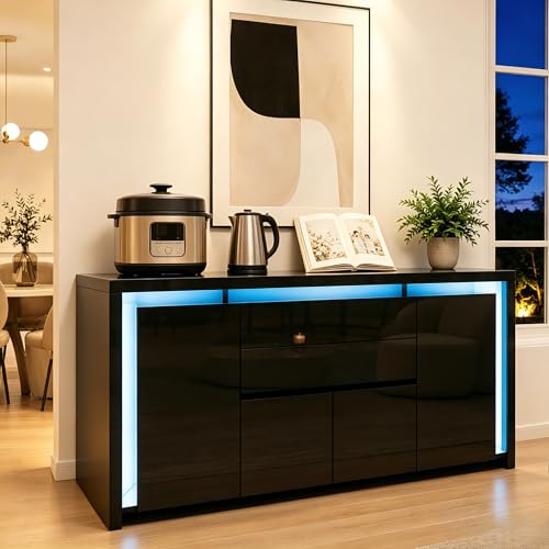 Buffet Blanc Laqué 4 Portes 2 Tiroirs avec Éclairage LED, Meuble de Rangement Commode Moderne, Buffet de cuisine pour Salon, Cuisine ou Entrée, Design...