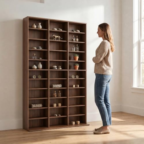 Image of Garvee 11 Tier Tall CD Display Cabinet, 33-Compartment Media Tower, Walnut | Adjustable Shelves, Anti-Tip Kit, Tall Wooden Freestanding Media Display Shelf Tower for CD, DVD, Manga, Movies, Games, Book