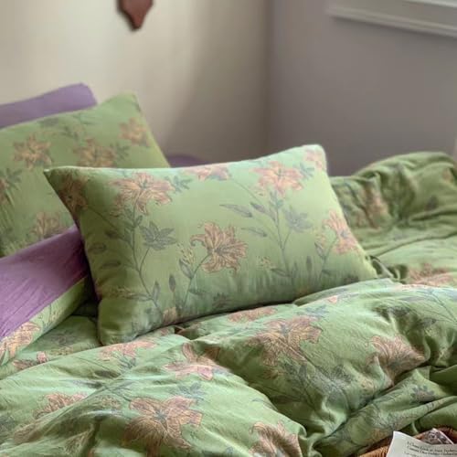 Green Flower Pillowcases (Pack of 2),Linen Cotton Jacquard Standard Queen Pillow Covers with Envelope Closure End,20"×26"