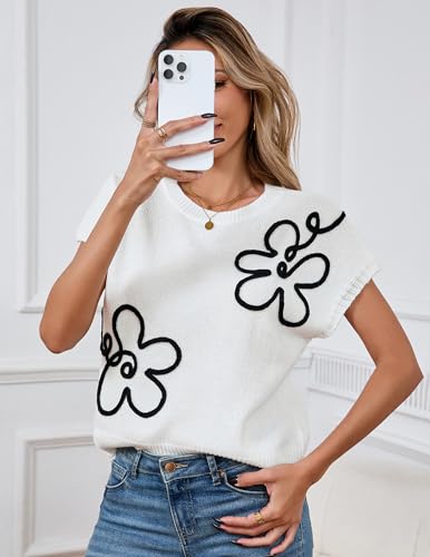 Image of Libsorge Womens Cute Flower Cap Sleeve Sweater Vest Spring 2025 Lightweight Ribbed Knit Crewneck Knit Top