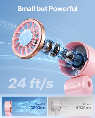 SWEETFULL Mini Portable Fan with Ice Cooling, Lightweight Handheld Pocket Turbo Fan Rechargeable, 3 Speed, Foldable Personal Hand Fan for Travel, Beach Vacation, Women Girls (Pink) - image 4