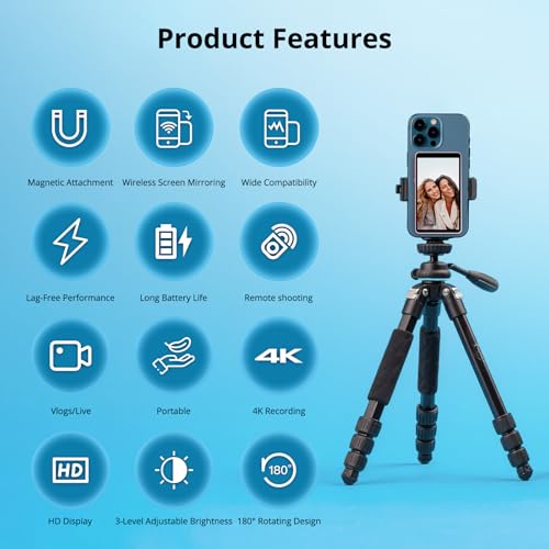 Image of Phone Vlog Selfie Monitor Screen, Bluetooth Remote Back Camera Monitor No Delay, Magnetic Rear Camera for Selfie Vlog Live Streaming with iPhone Android, 4K 60fps Wireless Recording Black
