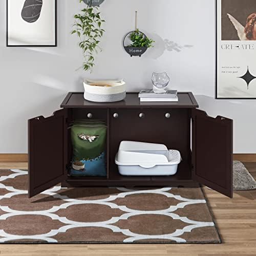 Yaheetech Wooden Cat Litter Box Enclosure, Black-Brown Cat Litter Box with Double Doors for Large Cat Kitty, Pet Side Table Cabinet with Tabletop Home Cat Pet Furniture, 95x53.5x57.5cm