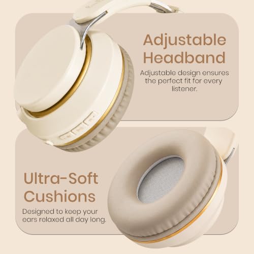 Image of PunnkFunnk FusionBeat Wireless Bluetooth Headphones with BT 5.3, Noise Cancelling, Hi-Res Audio, 40mm Drivers, Deep Bass, Memory Foam Ear Cushions, Over-Ear Headset, Teens & Adults (Beige)
