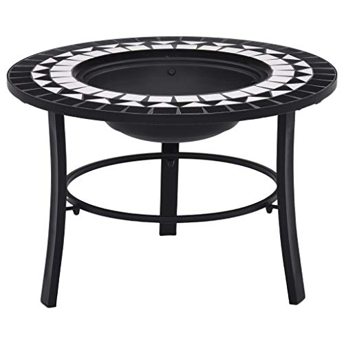 Sufrk Brasero con mosaico negro y blanco, de 68 cm, de cerámica, brasero de exterior, brasero de jardín, fuego para camping, calefacción o terraza de camping