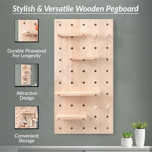 Image of Plantex Multipurpose Pine Wall Mount Wood Pegboard For Home /Wood Display Shelf /Wall Organizer For Bedroom /Kitchen /Bathroom - (32X16 Inches)
