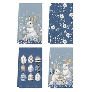Artoid Mode Bunny Hydrangea Eggs Easter Kitchen Towels Dish Towels 18×26 Inch Spring Farmhouse Wild Flowers Decoration Hand Towels Set of 4