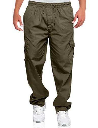 Men's Cargo Pants Relaxed Fit Sport Pants Jogger Sweatpants Drawstring Outdoor Trousers With Pockets Army Green 2Xl #TOP2